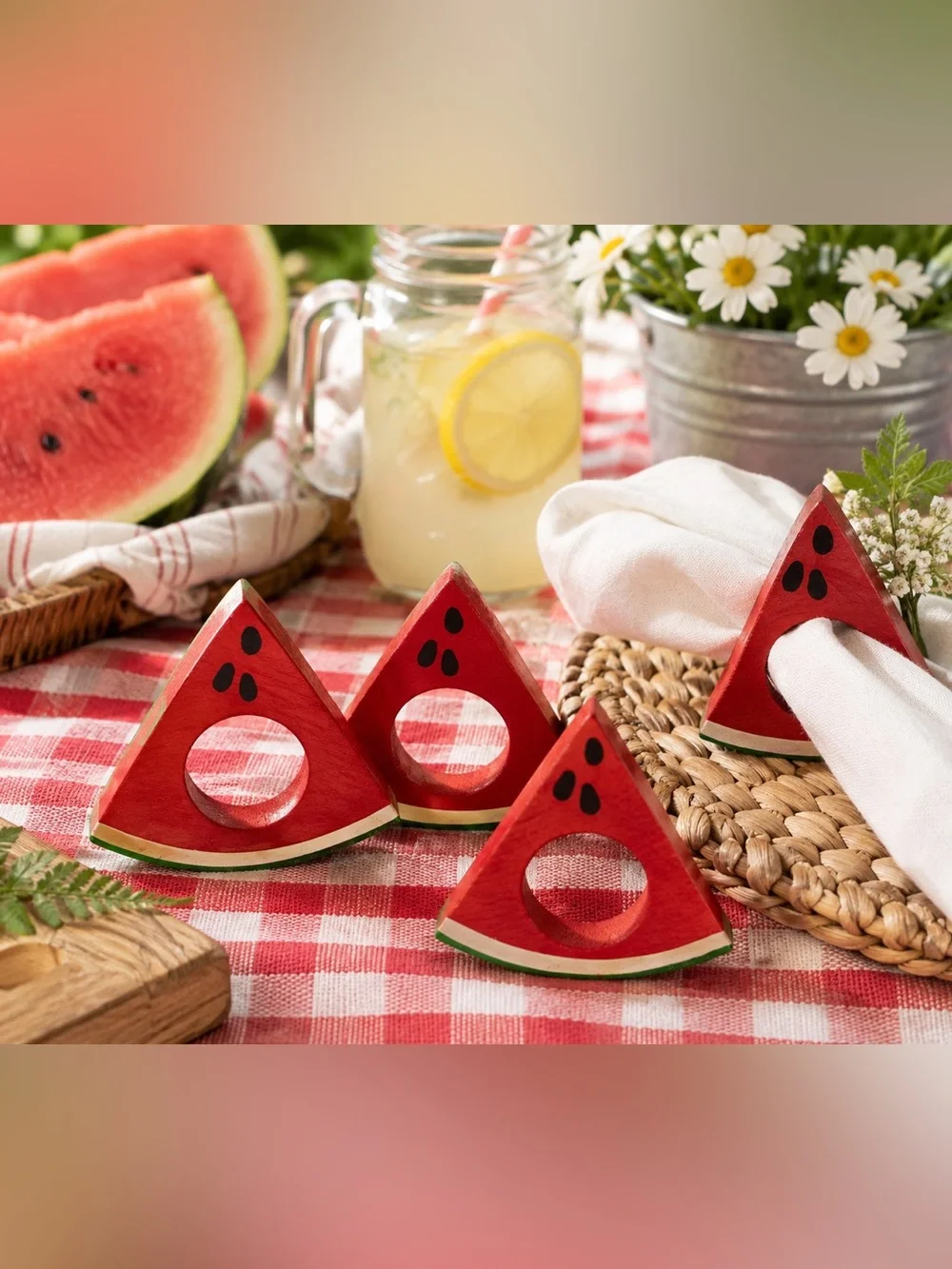 Watermelon Slice Wooden Napkin Rings - Red Summer Table Décor (4)